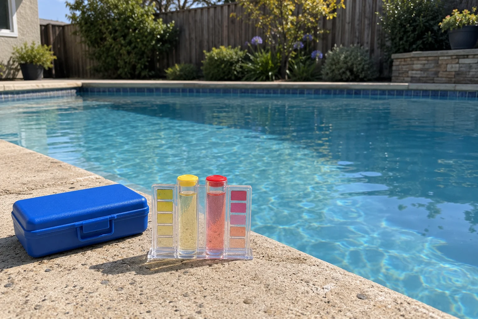 pool water testing kit beside a backyard pool