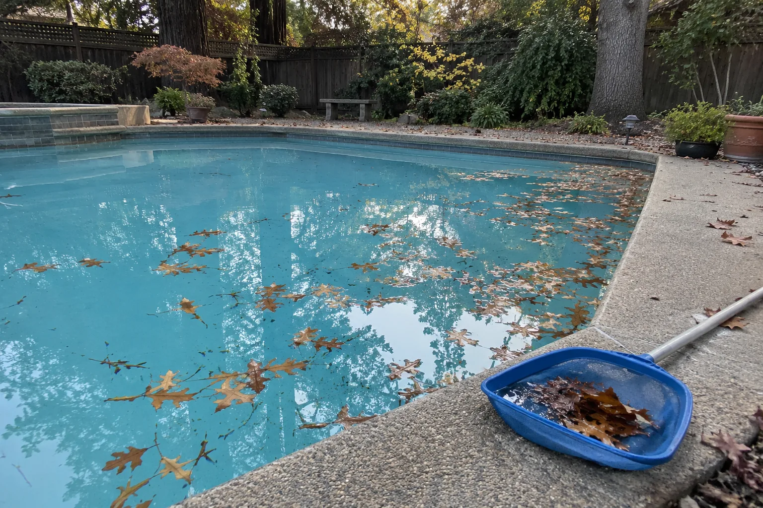 fallen leaves in a backyard pool and a leaf net on the deck