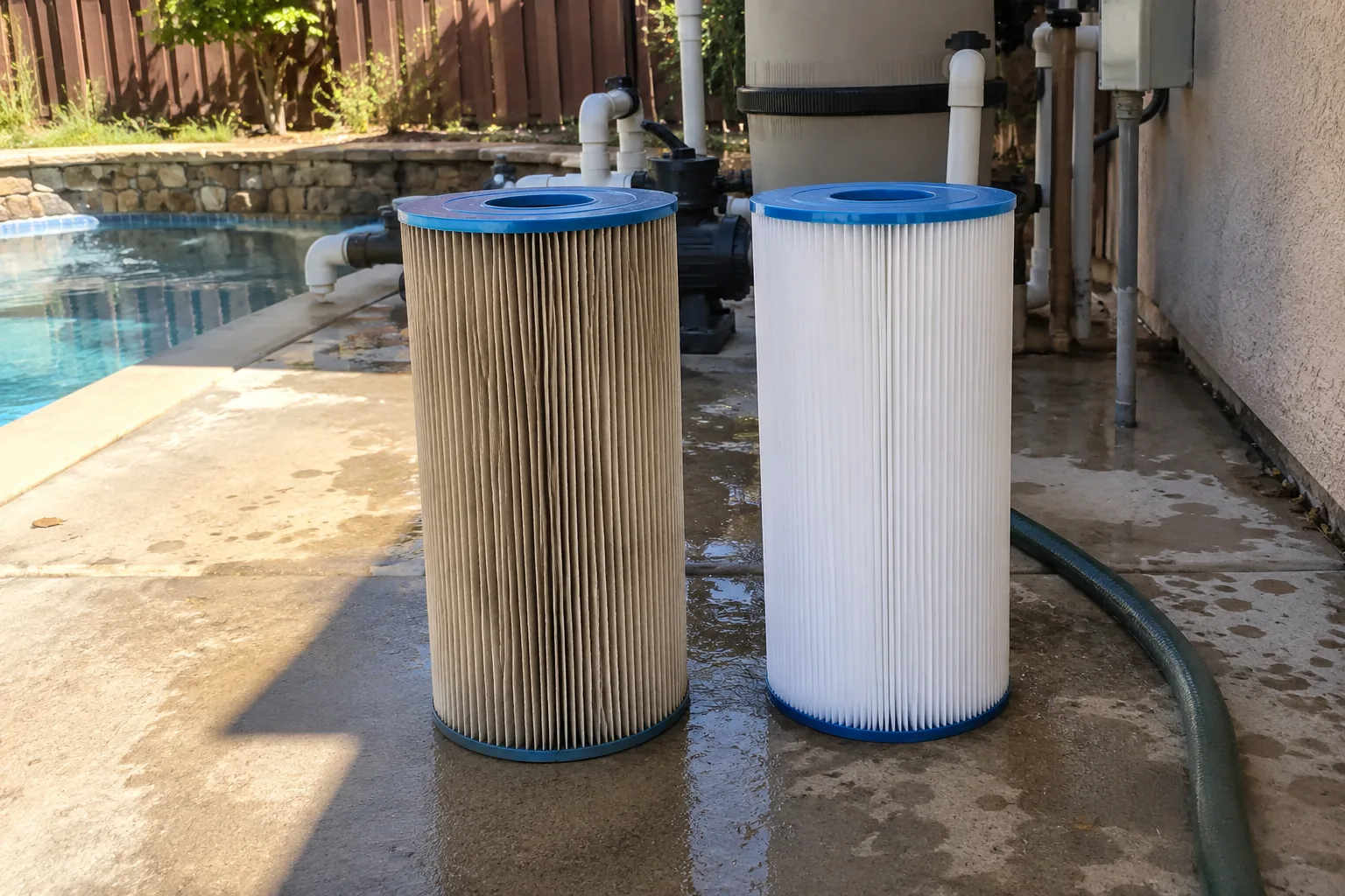dirty and a clean pool filter cartridge