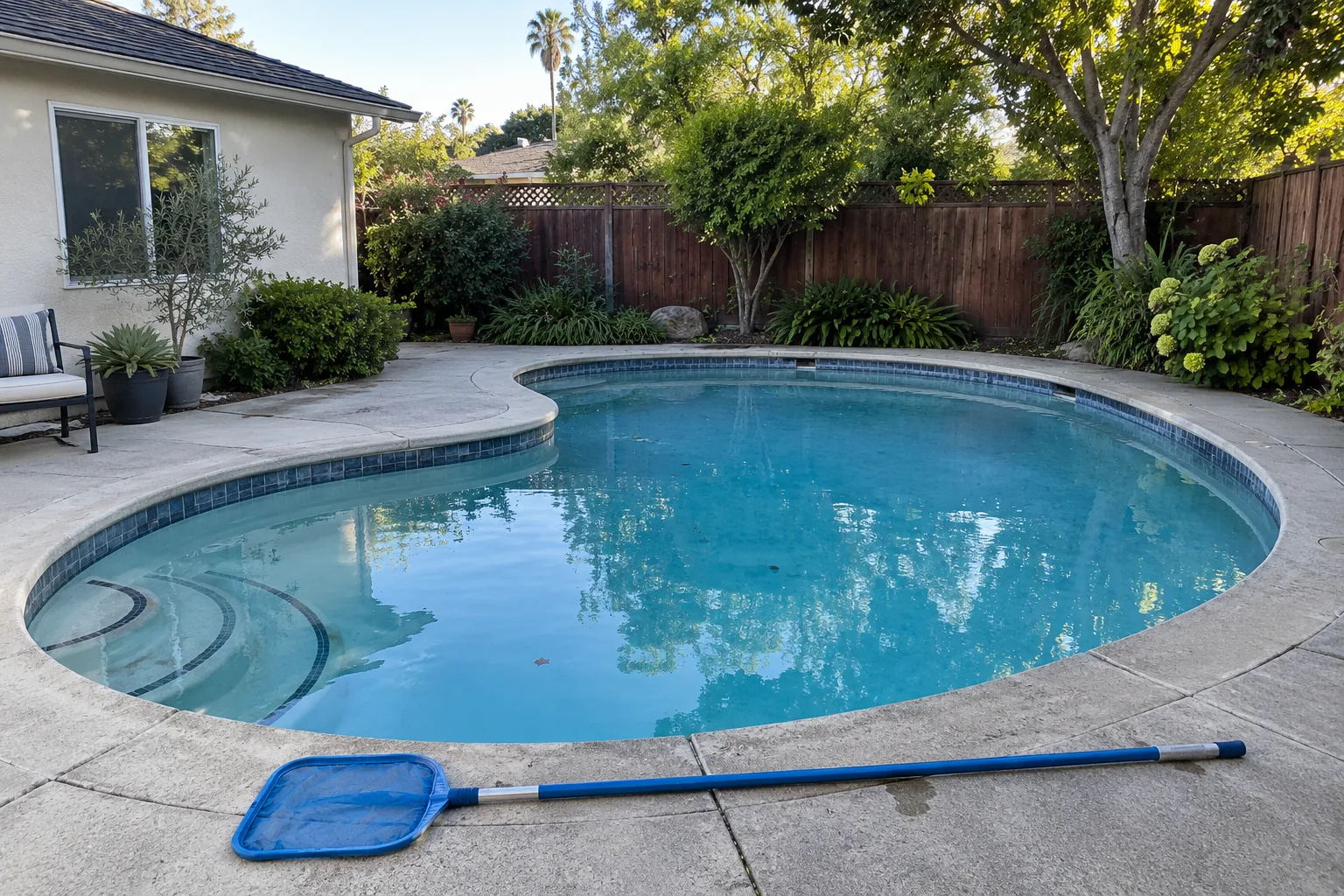 cared-for backyard pool and leaf skimmer