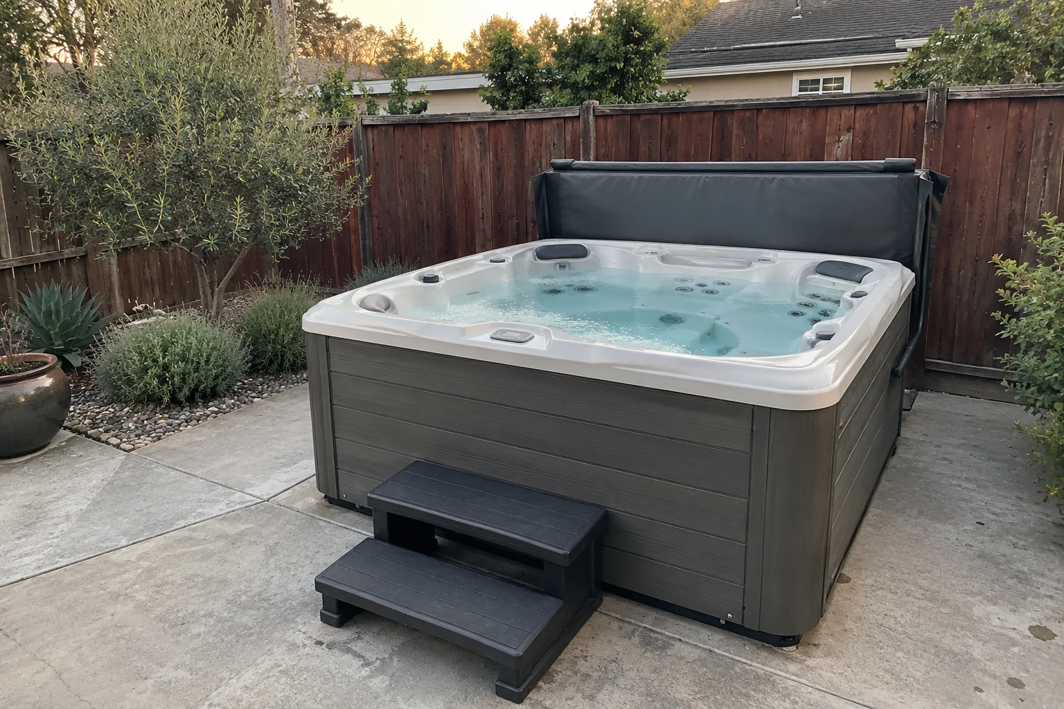 standalone hot tub with clear water in a backyard